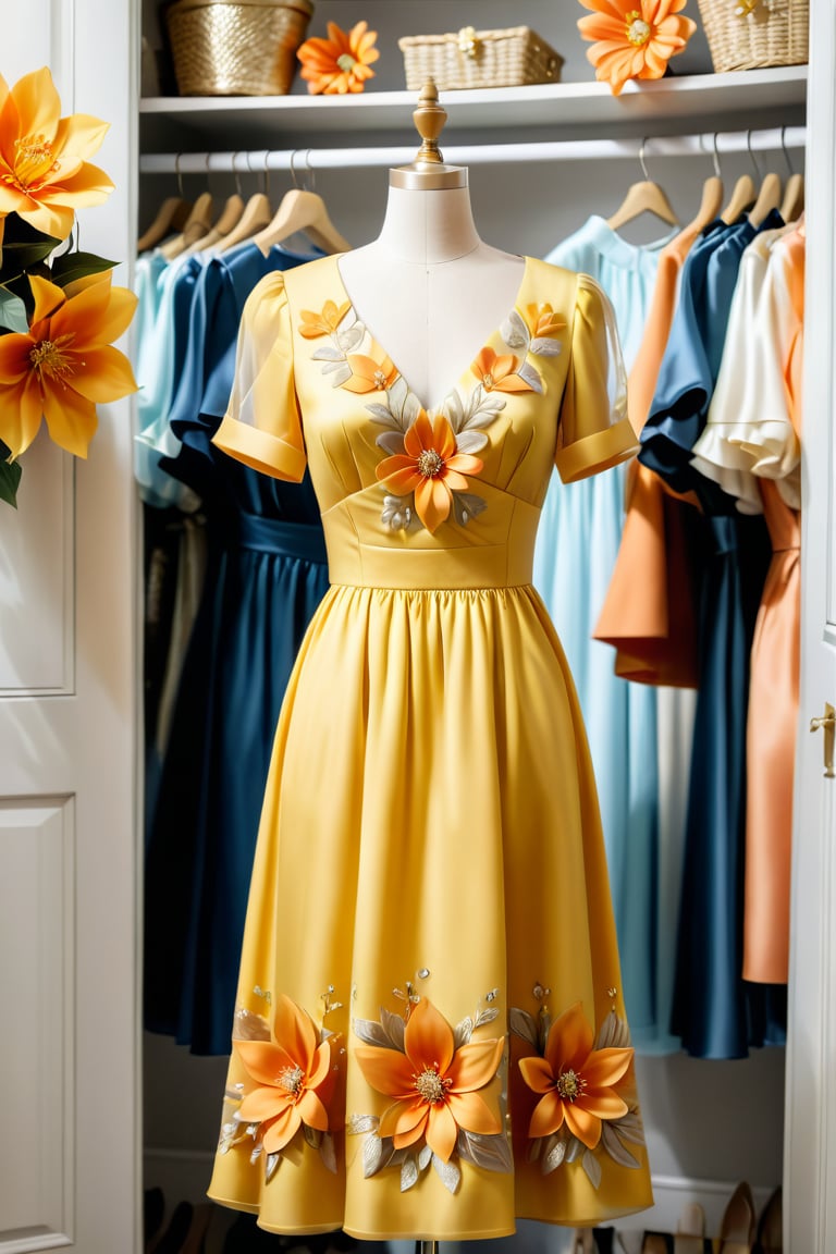 long party yellow dress with Orange flower in middle of dress, shine,beautiful decoration,short sleeves, hanging in a closet