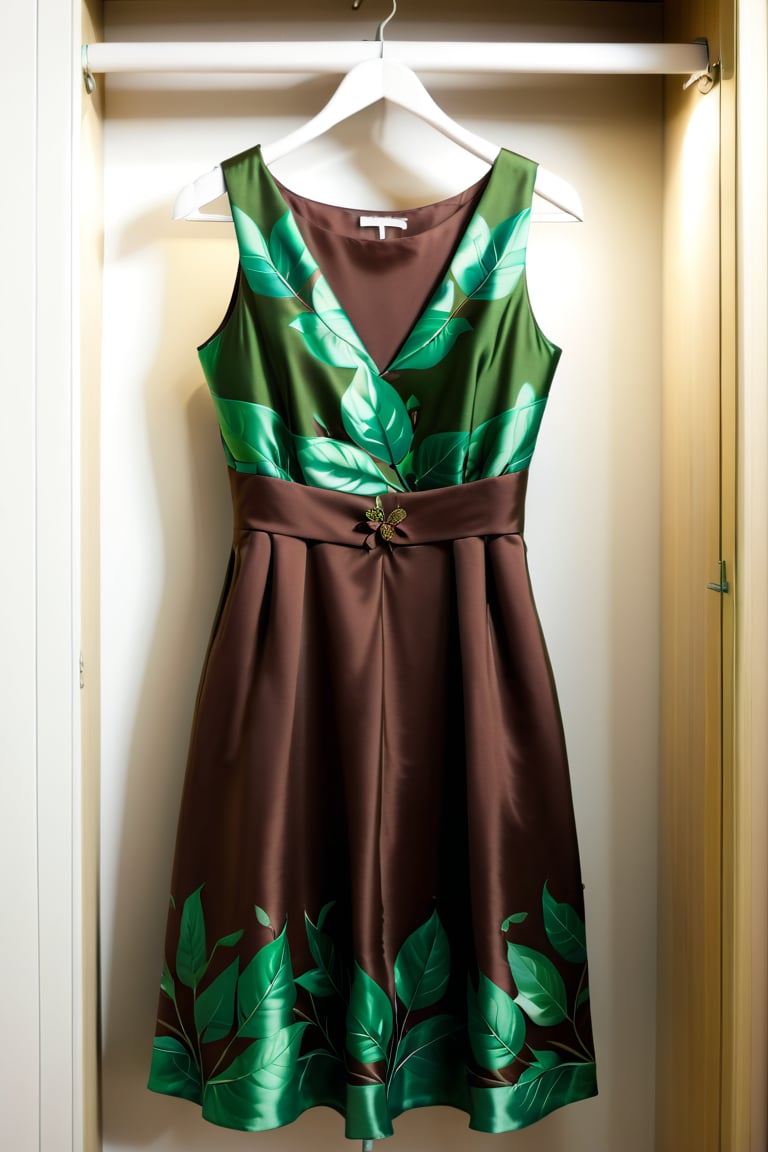 short brown dress with green leafs, beautiful decoration, sleeveless, hanging in a closet