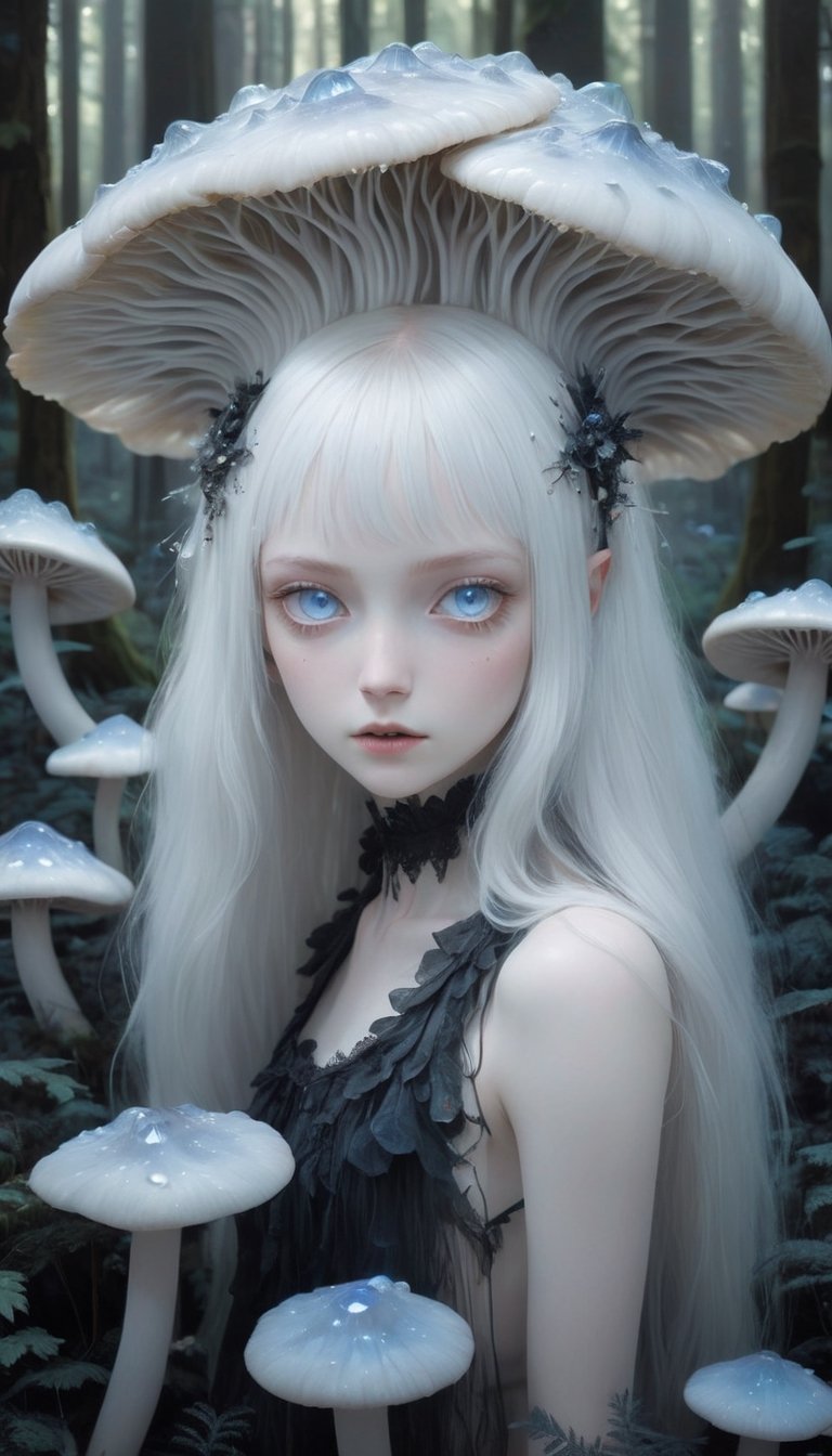 serene forest scene where a delicate albino mushroom girl,crystal mushroom Head,crystal mushroom,
Beautiful blue eyes, soft expression, (heavy black eyeshadow:1.2), Depth and Dimension in the Pupils,
stands amidst the tranquility, Adorned with soft, pale-colored petals resembling mushroom caps and delicate mycelium cascading from her hair, she exudes ethereal beauty. Her eyes, silver or pale blue, convey mystery and wonder as she moves gracefully through the enchanted landscape. Surrounded by vibrant colors and playful woodland creatures, she embodies the magic and wonder of nature's hidden treasures.",Christmas Fantasy World,enakorin,mushroomz,p3rfect boobs,crystal_clear