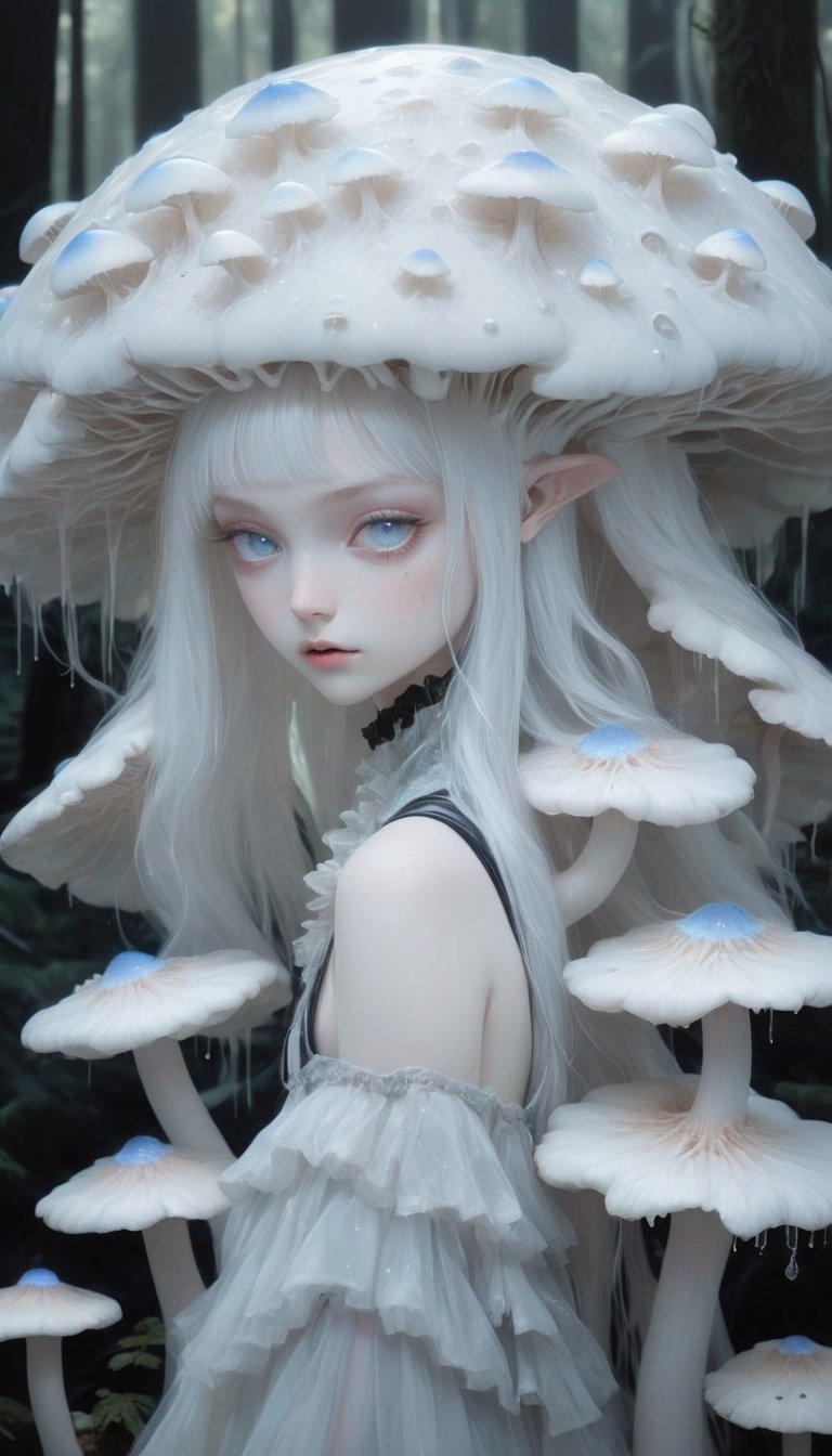 serene forest scene where a delicate albino mushroom girl,crystal mushroom Head,crystal mushroom,
Beautiful blue eyes, soft expression, (heavy black eyeshadow:1.2), Depth and Dimension in the Pupils,
stands amidst the tranquility, Adorned with soft, pale-colored petals resembling mushroom caps and delicate mycelium cascading from her hair, she exudes ethereal beauty. Her eyes, silver or pale blue, convey mystery and wonder as she moves gracefully through the enchanted landscape. Surrounded by vibrant colors and playful woodland creatures, she embodies the magic and wonder of nature's hidden treasures.",Christmas Fantasy World,enakorin,mushroomz,p3rfect boobs,crystal_clear