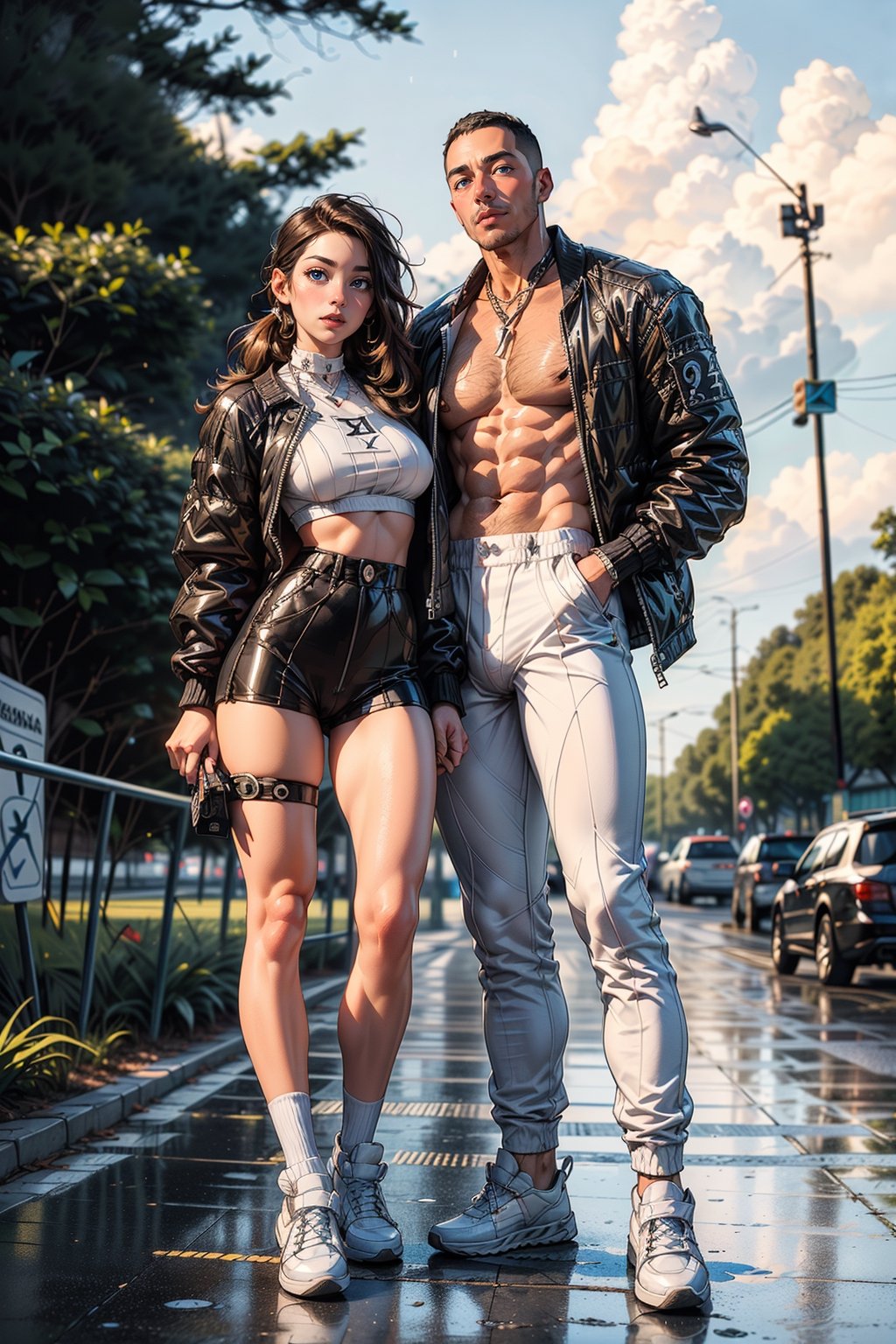 (((hetero couple:1.4))), (((1girl small, childish face, and 1man, black, manly, muscular)))  (((man is 30yo, tall and muscular, wearing large sport clothes, large shirt and large short, manly body, bad boy))), (((girl is 16yo, SLUT, oversized_puffer_jacket, small and skinny, small breast, long hair, pony tail, small tanga, perfect shaved pussy, tight gap, cameltoe, makeup, normal breast, open legs, wearing a chocker)), socks, midriff, ((tree)), realistic, cloudy sky, scenery, photo background, bangs, smiling, hourglass body shape, slim waist, full-body_portrait, sexy, (wearing big all white balenciaga sneakers:1.4) , rain clouds , seductive, open eyes, seductive_pose, sultry_pose, golden_hour_light, (((age difference, size_difference))), (((the man is taller and stronger than the girl))), girl is holding a small Jacquemus handbag, submissive girl, she is horny, she is really young, low view