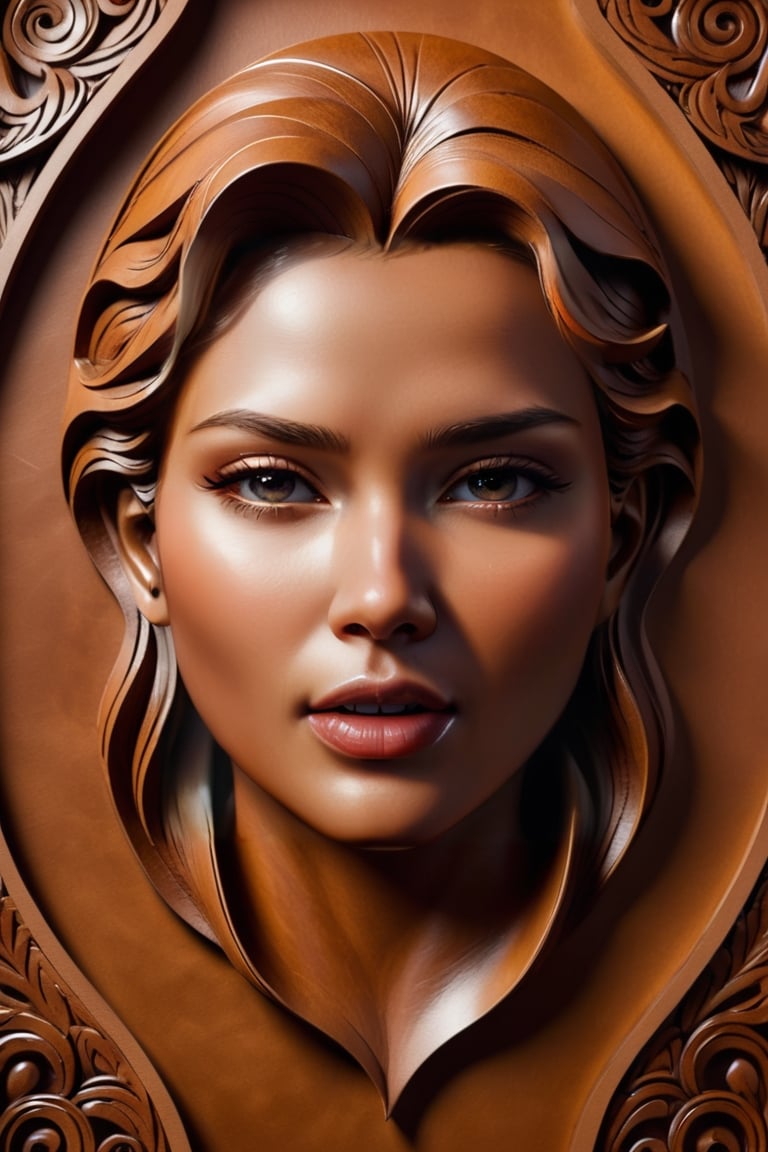 Masterpiece leather Art, pale brown leather color, highest quality, monochrome,leather portrait,deatailed carving face,Light master,light,aesthetic portrait,flat leather background,leather art, ((leather carving)), relief, ((embossed face structure)),dataviz style, detail leather texture