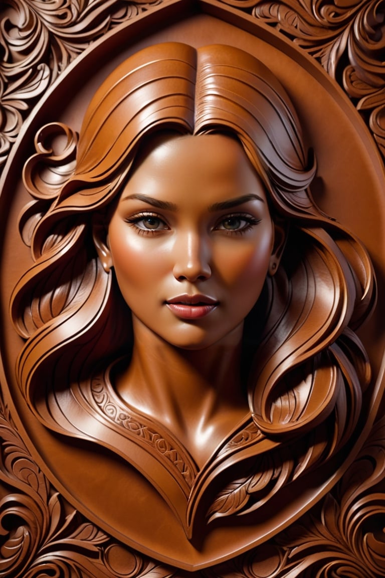 Masterpiece leather Art, pale brown leather color, highest quality, monochrome,leather portrait,deatailed carving face,Light master,light,aesthetic portrait,flat leather background,leather art, ((leather carving)), relief, ((embossed face structure)),dataviz style, detail leather texture