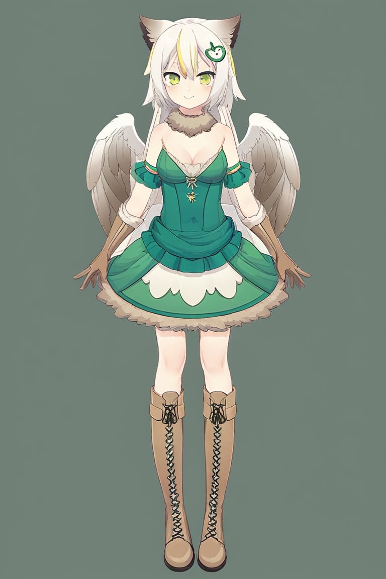 symmetry, 1girl , loli , child , solo, long hair, breasts, looking at viewer, smile, blonde hair, simple background, hair ornament, gloves, dress, animal ears, cleavage, hair between eyes, bare shoulders, medium breasts, closed mouth, green eyes, standing, full body, white hair, multicolored hair, boots, wings, elbow gloves, streaked hair, fur trim, brown footwear, knee boots, black background, feathered wings, brown gloves, cross-laced footwear, green dress, white wings, lace-up boots