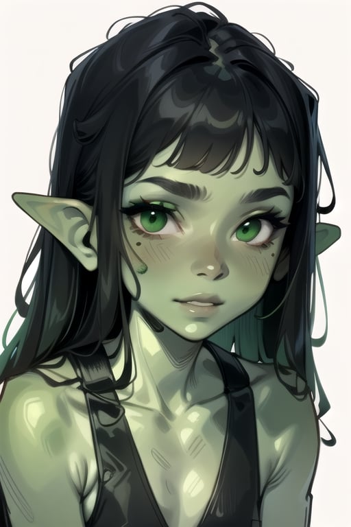 1girl, pointy ears, breasts, green theme, green eyes, looking at viewer, black hair, fringe, bangs, white wicks, white backround, long hair, goblin girl, goblin, colored skin, ((green skin)), tall female, toned,eyeliner, makeup, egirl,neutral background, egirl, black braces, black suspenders, ((bioluminescence)), , (very detailed face), (masterpiece, realistic:1.3), (extremely intricate:1), (small _variations), messy hairs, (masterpiece, top quality, best quality, (8K, HDR, highres) smiling at you, cartoonish, textures, character, background, flat colors,eyeliner, makeup, egirl,soft face, white background, cartoonish, textures, character, background, flat colors,cartoonish, illustration, textures, character, background, great colors