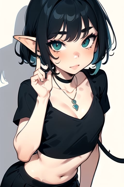 goblin girl, black top and a necklace, 1girl,, solo, piercing, navel, black hair, jewelry, ear piercing, cleavage, tattoo, larges, shirt, black shirt, skirt, looking at viewer, crop top, short sleeves, midriff, makeup, multicolored hair, collarbone, bangs, gothic, hand up, choker, black eyes, purple hair , illustration, textures,PAINTING, DRAW, SKETCH,illustration, textures, almond eyes, eyeleash, cartoonish, face, character,vibrant vector, flat design, flat art, minimal, simple 2d vector, flat palette vector, (girl), soft face,