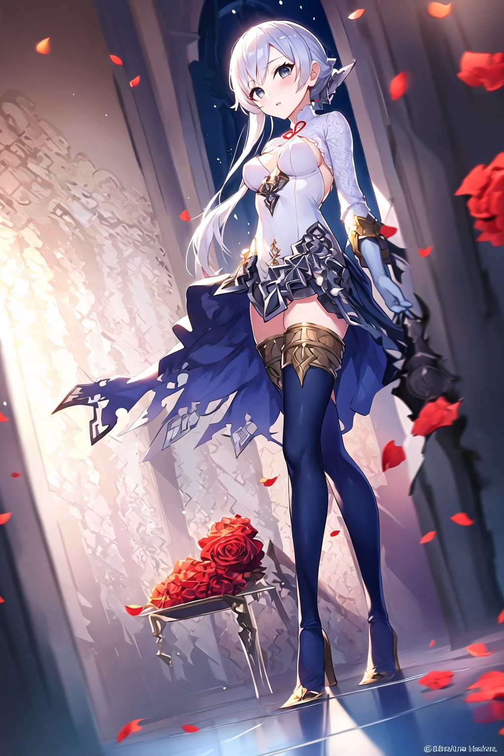 snowwhite, white hair, grey eyes, thighhighs, flower, looking at viewer,dynamic pose, at white cathedral, full body, depth of field,  dynamic light,best quality ,masterpiece 