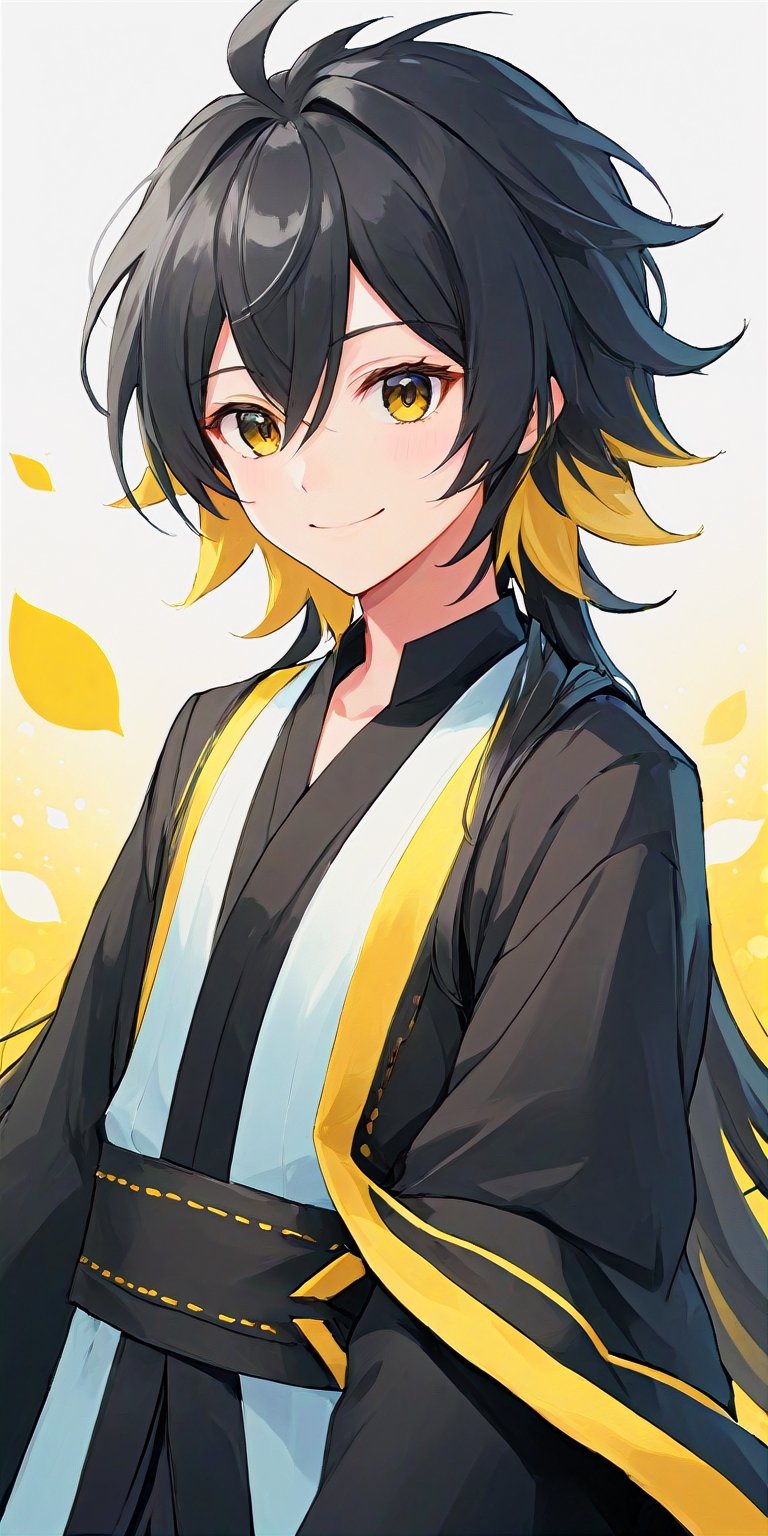 solo, verylong hair, smile, black eyes, black hair, 1boy, male focus,,  kagamine len