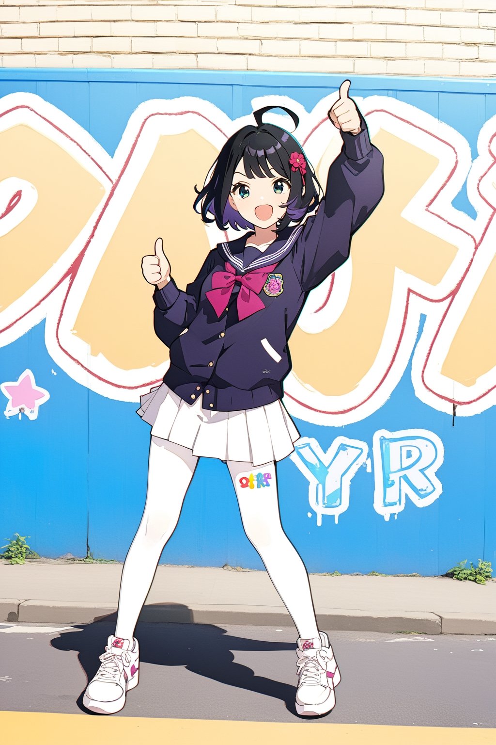 mature man looking at the viewer, black hair with purple tips, green eyes, graffiti, full body, noon, masterpiece, wallpaper, Sticker, ,yor briar,black hair,white pantyhose,White sneakers,ahoge,double thumbs up,Clothing jkseifuku jk ,