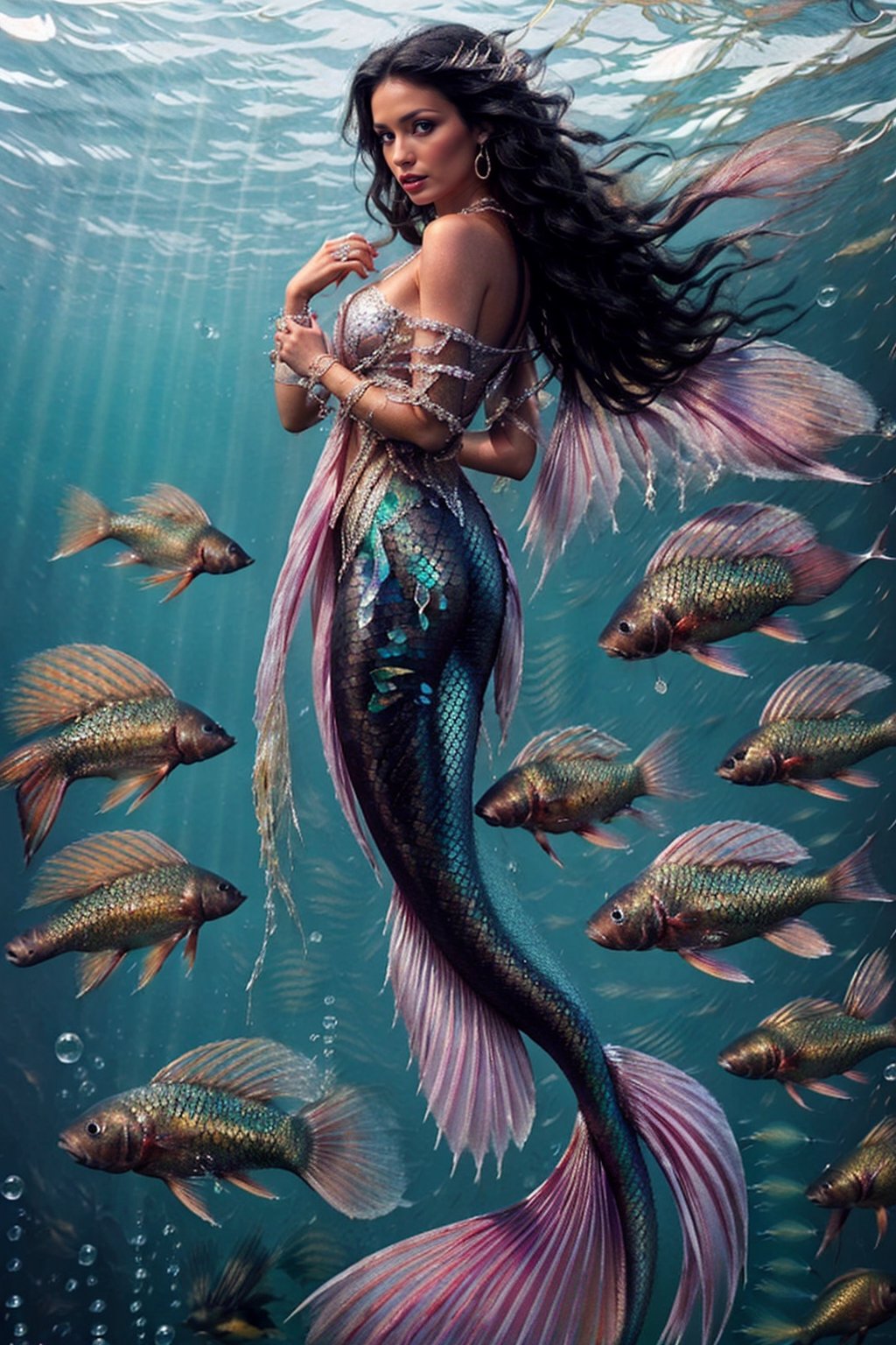 Long black hair, breasts, jewelry, just her mermaid tail, gem, fish, bubble, underwater, air bubble, mermaid, fins, pearl \(gemstone\), mermaid, photorealistic, black and silver fins, black , blackfin mermaid, fin betta. Black mermaid tail with silver details.,holographic, black fish. BLACK FIN, BLACK body