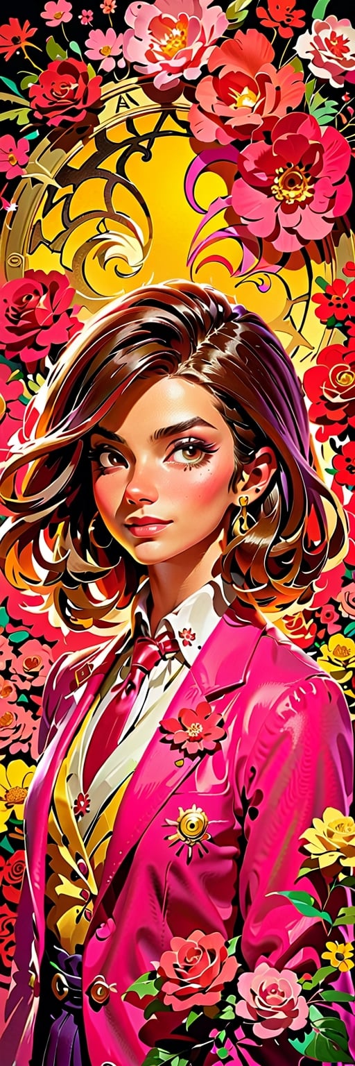 (Arielfstyle:1.0), Retro Ghibli scene, Light dream, terror, healing, Painting, lovecraftian, Ameinu, brown hair, pink jackets, symbols, blossom, high resolution, blazer, pink Eyes, yellow flower, yellow roses,, rozen, shirt, bun hair, White shirts, Halloween theme, style of Ghibli studio,masterpiece, best quality,HellAI,Enhanced All