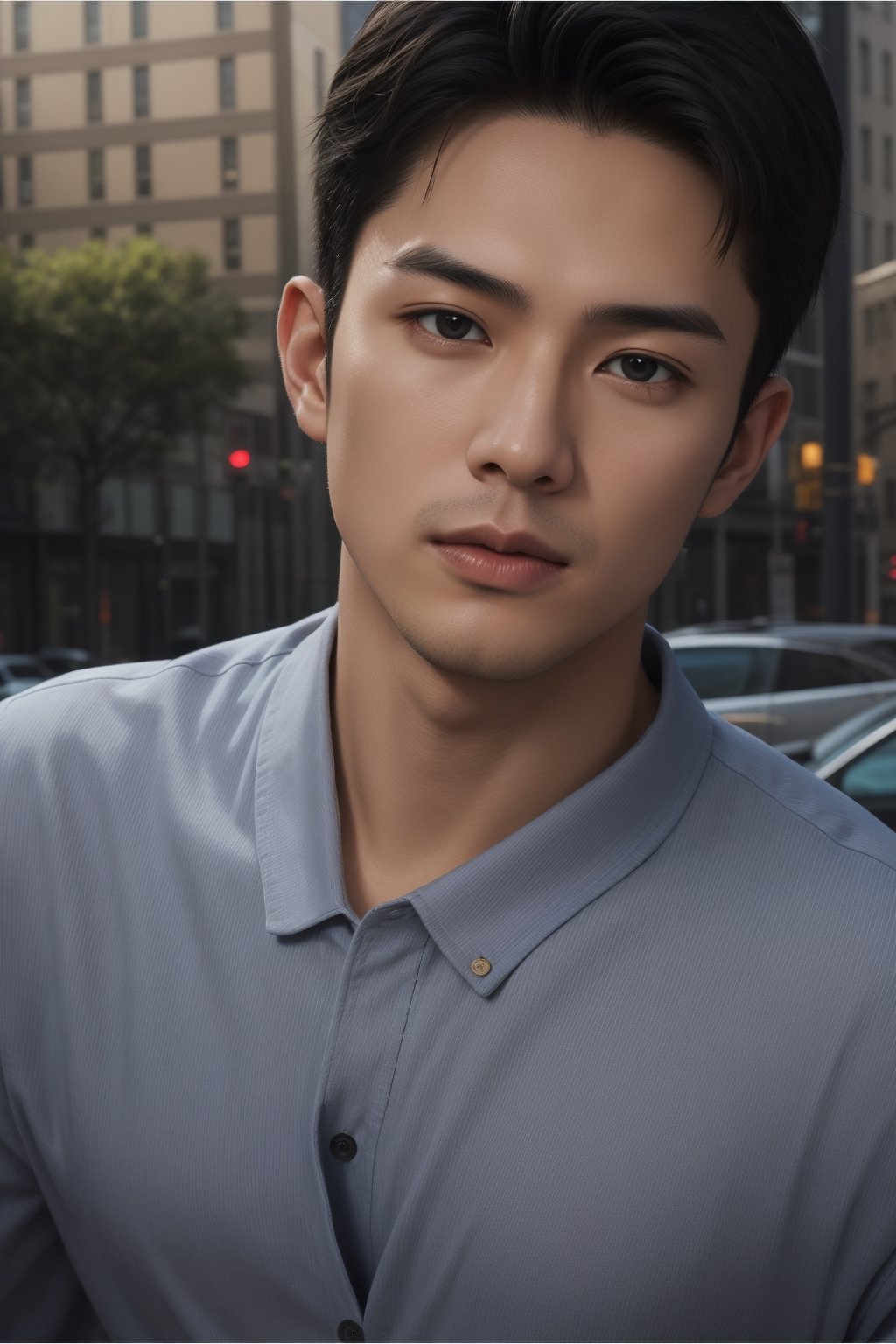 Asian man,handsome,age 30,tall 187cm,short_hair,standing,walking on NEW YORK street,wear_suit,drive blue Lamborghini sport car,
natual sun light.