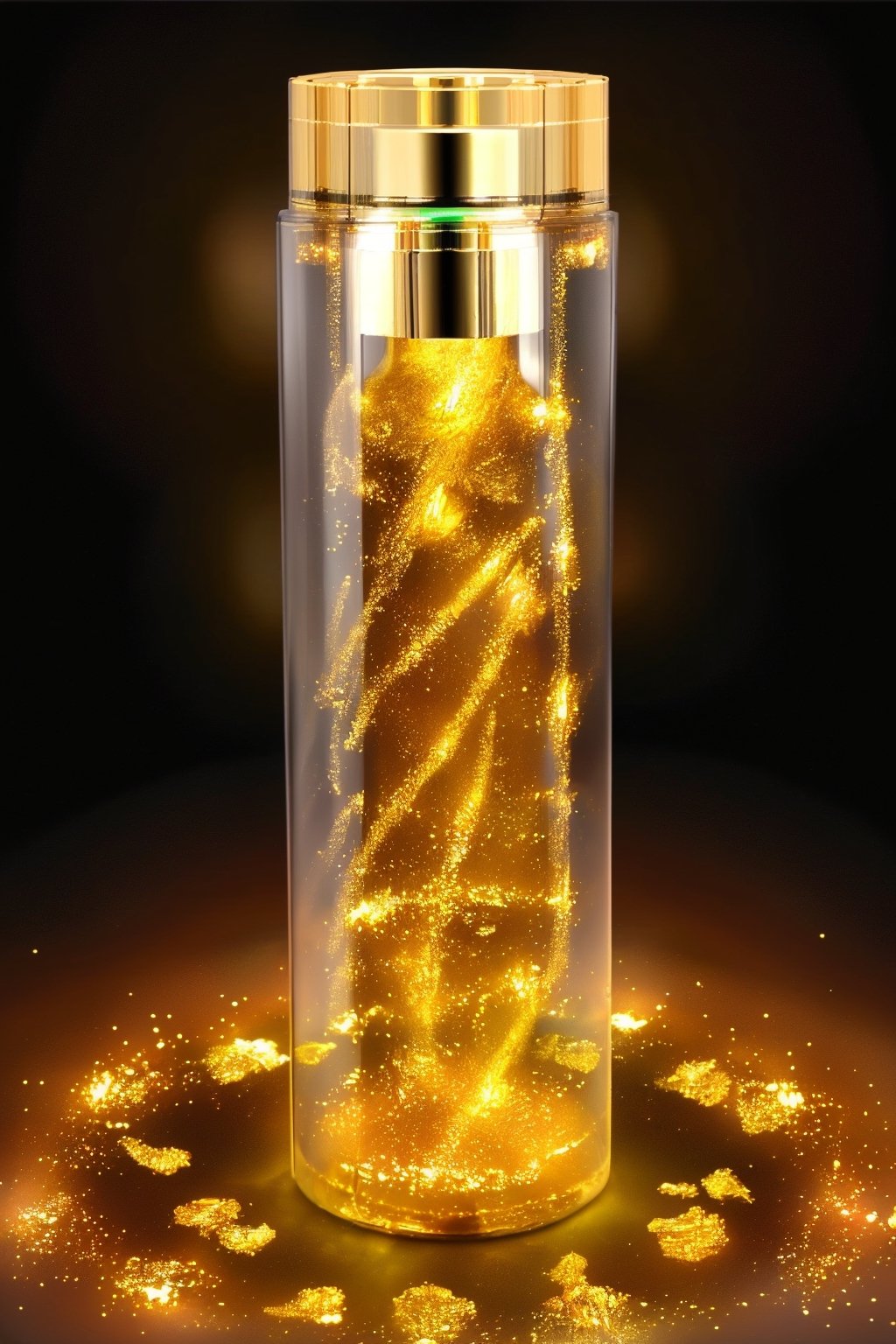 Beautiful glass, gold essence, gold light, glow, skincare product, glass bottle diameter 4cm, cylindrical glass bottle, gold light, transparent lid is diameter 4cm, Octagonal transparent lid, bottle height 18cm.