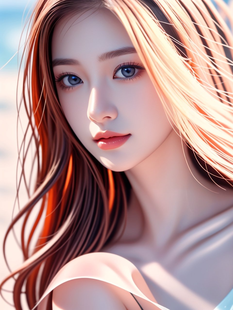 Create a digital artwork of an elegant Instagram model with striking blue eyes, luxurious long hair cascading down, and a complexion that radiates purity and grace.,iu, Lying on beach, breast exposure,1 girl,<lora:659111690174031528:1.0>