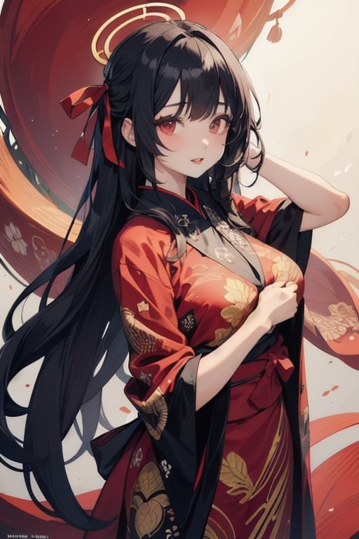 A beautiful girl, white skin, long wavy black hair with fringed bangs and a big red ribbon on her head tied behind her head, dressed in a black batik kebaya with an halo on her head , sharp red eyes, curly eyelashes, changing the pose with red lips to make more perfect and as good as possible facing forward