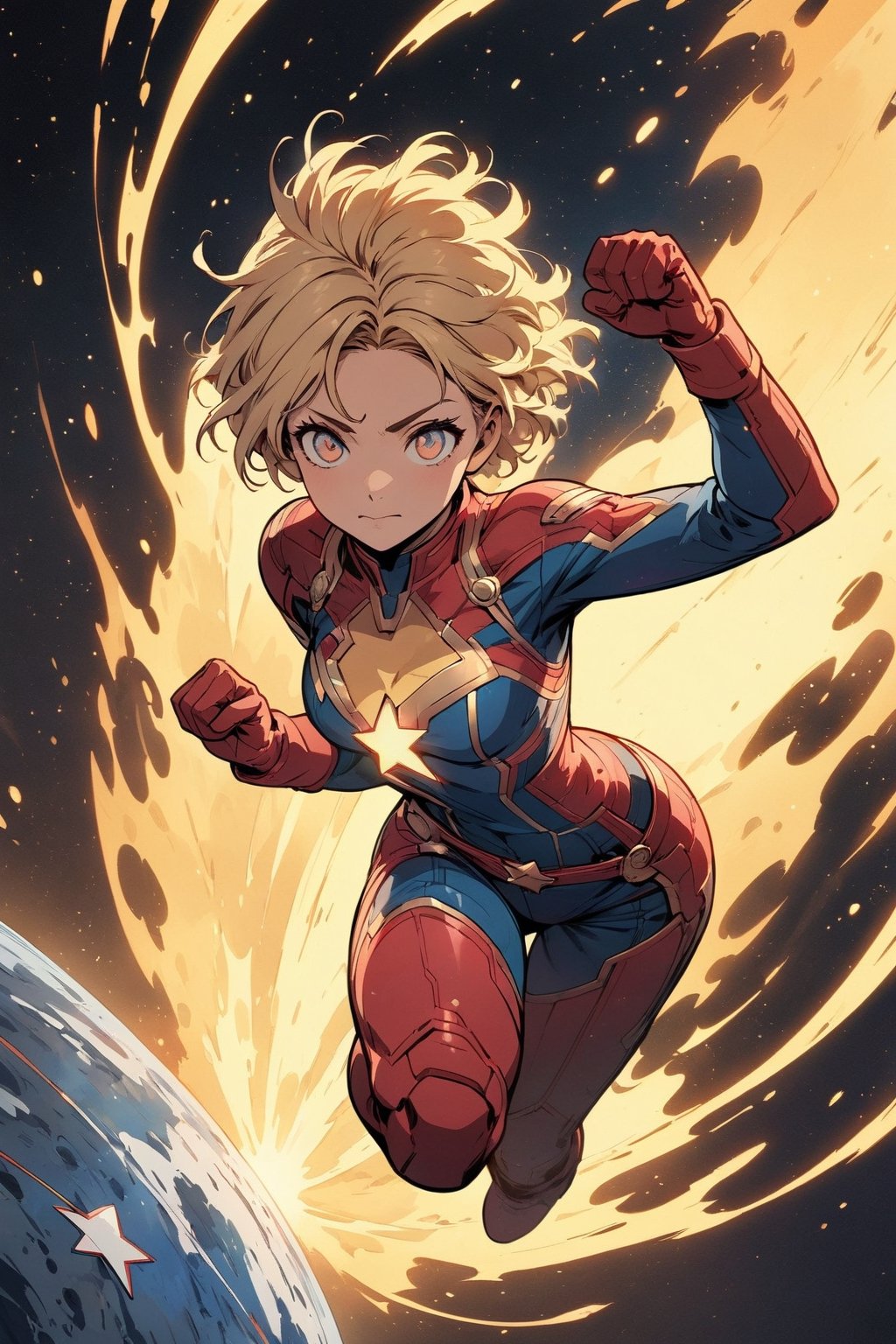 (masterpiece, best quality, highly detailed, ultra-detailed, intricate), illustration, pastel colors, offcial art,

Marvel_style, (Captain Marvel:1.3), (solo), (1 woman has blond_short hair), (1 white_star logo on the chest:1.3) ,(yellow_light is glowing from her whole body:1.2), [full_body|upper_body], flying in the space, fighting pose,(background is the small earth in the space), 

high_view,
super detail face,comic book, enchanced_color, ,portraitart,brccl