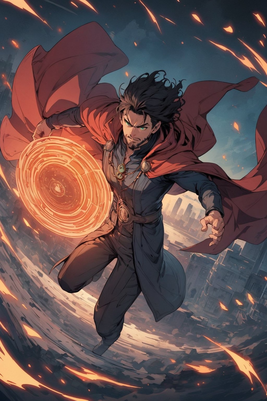 (masterpiece, best quality, highly detailed, ultra-detailed, intricate), illustration, pastel colors, offcial art,

Marvel style, (Doctor Strange:1.3), solo, (1 man),(wearing red cloak and green eye_shape necklace:1.2), (opened and rised up arms) ,([white|black] hair and beard),(full_body), (flying in the sky), (1 orange magic hold circle behind the man), fighting pose,(background is the sky of London city ),,

high_view,
super detail face,comic book, enchanced_color, ,portraitart,brccl