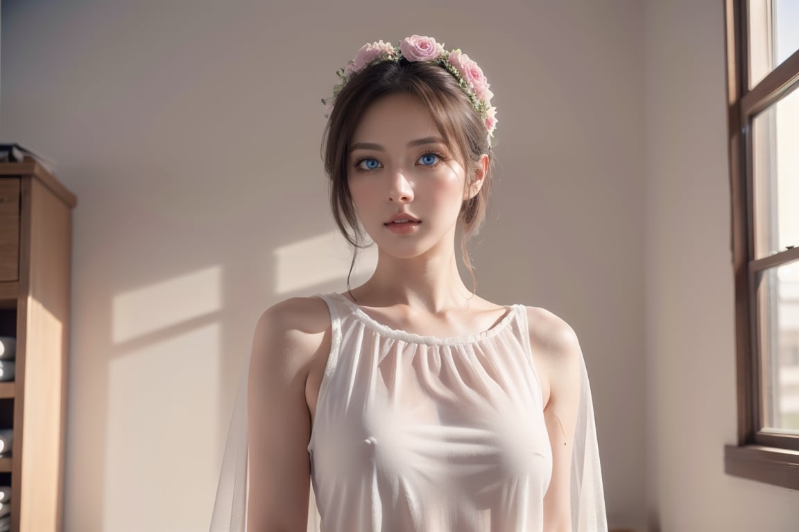 photorealistic, high resolution, masterpiece, best quality ,ultra-detailed, 1women, hair bun , jesmine flower on the head,  mature female, solo, hips up(front view), (wearing see through outfit, ,cowgirl position sex