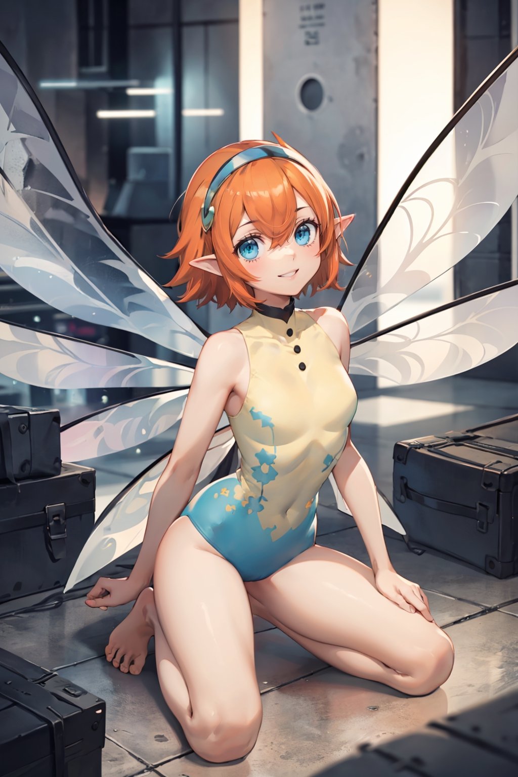 masterpiece, 1girl, looking at viewer, smile, gallicamr, short hair, hairband, pointy ears, fairy wings, fairy, leotard, kneeling, barefoot, futuristic city, steampunk