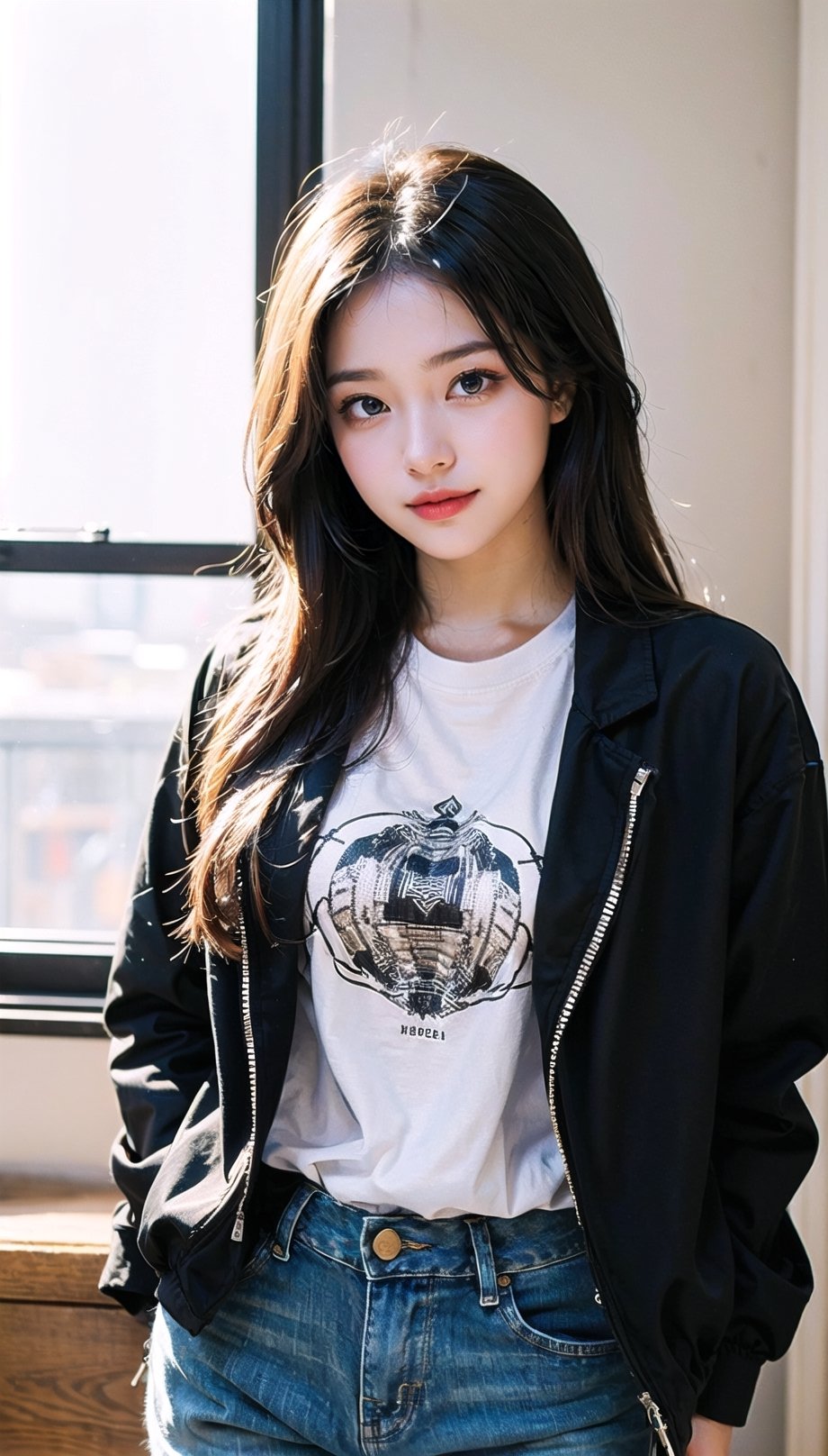 (((masterpiece))), top quality, (beautiful and delicate girl), beautiful and delicate light, (beautiful and delicate eyes), mysterious smile, (brown eyes), (dark black long hair), medium breasts, female 1 , frontal shot , Korean, soft expression, tall, jacket, patterned t-shirt, jeans, sneakers,