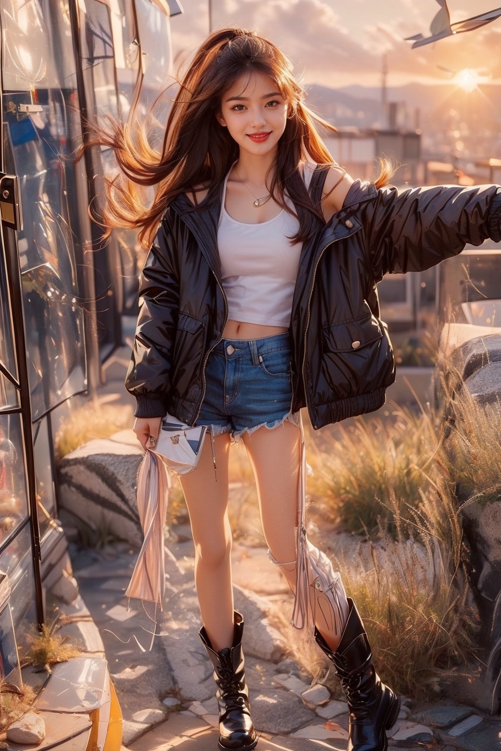 (masterpiece, top quality, best quality,1girls,Korean, beautiful face, smile, long hair, 19 years old, tank top, jacket, shorts, boots, hills, full body view, sunset