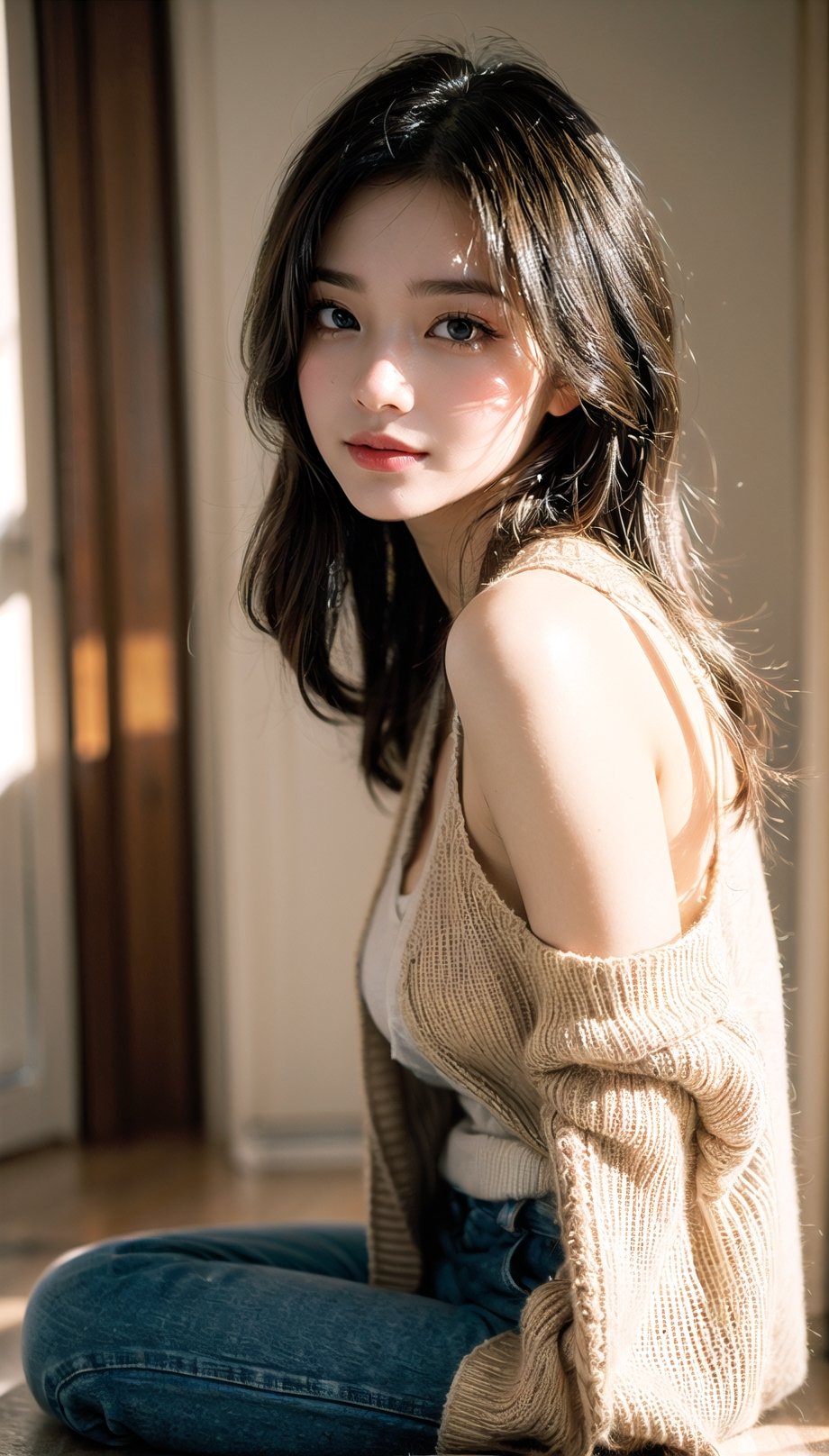 (((masterpiece))), top quality, (beautiful and delicate girl), beautiful and delicate light, (beautiful and delicate eyes), mysterious smile, (brown eyes), (dark black long hair), medium breasts, female 1, frontal shot, Korean, soft expression, tall, cardigan, sleeveless knit, jeans, sneakers, half body shot,