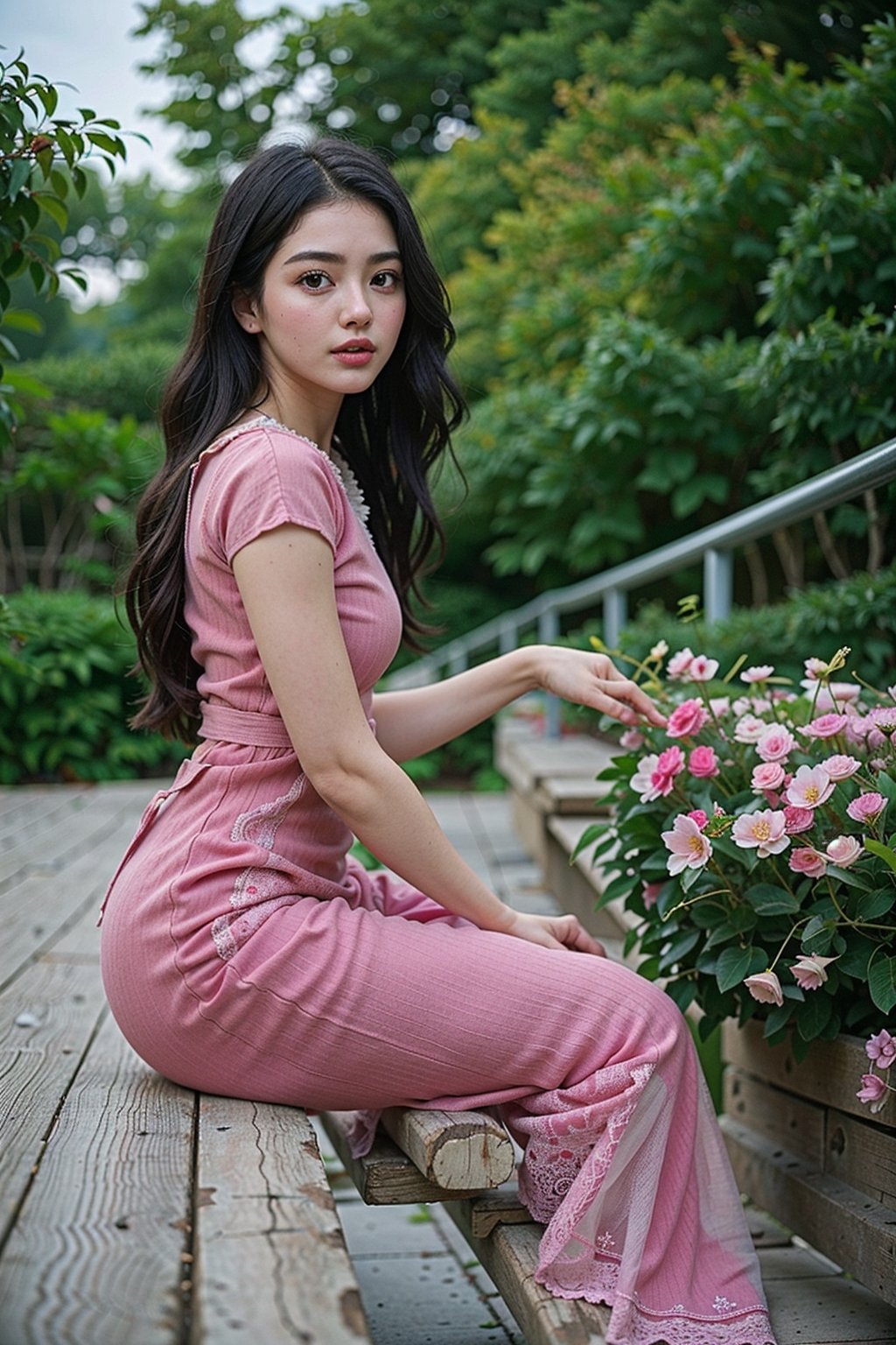 20 years old girl,{{best quality}}, {{masterpiece}}, {{ultra-detailed}}, {illustration}, {detailed light}, {an extremely delicate and beautiful}, messy floating hair, pink dress, standing and looking at the viewer,  feminine , depth of field,acmm ss outfit,Myanmar.view from side, perfect buttock.full body.,perfect,masterpiece,Myanmar,milf,Mai Davika Hoorne