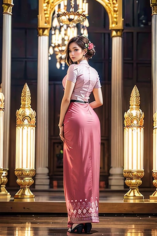 20 years old girl,{{best quality}}, {{masterpiece}}, {{ultra-detailed}}, {illustration}, {detailed light}, {an extremely delicate and beautiful}, messy floating hair, pink dress, standing and looking at the viewer,  feminine , depth of field,acmm ss outfit,Myanmar.view from behind, perfect buttock.full body.,perfect,masterpiece,Myanmar