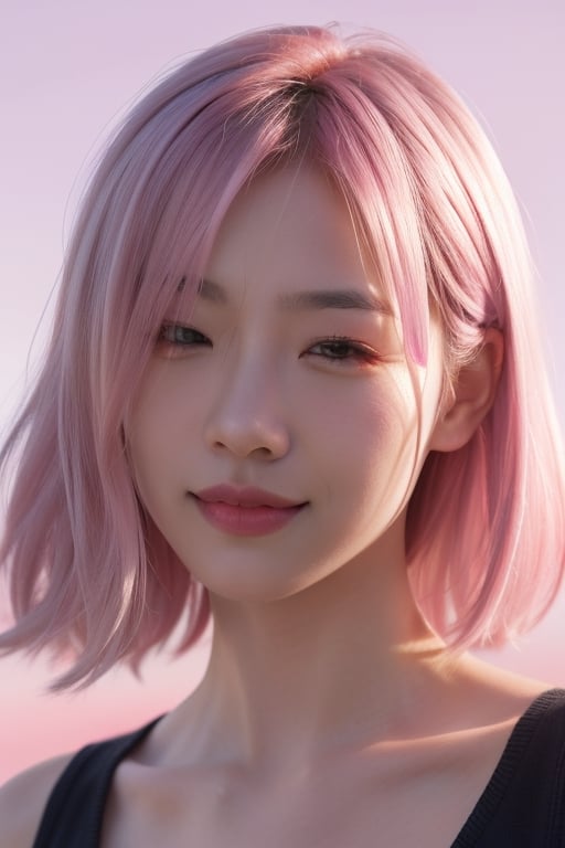 Photorealistic, Asian, Close Eyes, Pink Hair, Background