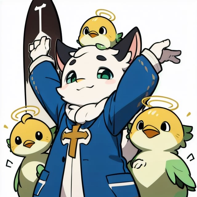 1big yellow chicken with big eyes, A priest's attire in green with a cross symbol, chicken wings arms, Its gaze is directed towards the sky. Above its head, a golden halo, radiating with a gentle celestial light. masterpiece, best quality, studio lighting. The focus is sharp, highlighting, white background.,isabelle \(animal crossing\),furry,ankha,小奇uwu style, disney cartoon