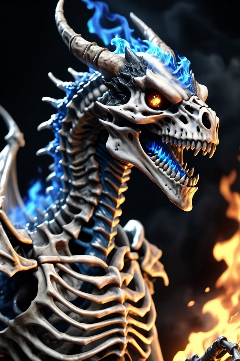 Create a hyper-realistic image of a skeleton dragon breathing blue flames, blue eyes on fire, scary and terrifying...nightmare background. Very detailed. high resolution, highly detailed, sharp focus.8k side view, (fantasy knight vs dragon video game, 10_Knight vs 1_dragon,