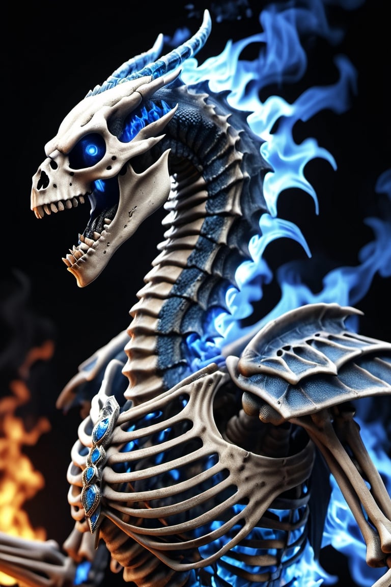 Create a hyper-realistic image of a skeleton dragon breathing blue flames, blue eyes on fire, scary and terrifying...nightmare background. Very detailed. high resolution, highly detailed, sharp focus.8k side view, (fantasy knight vs dragon video game, 10_Knight vs 1_dragon,