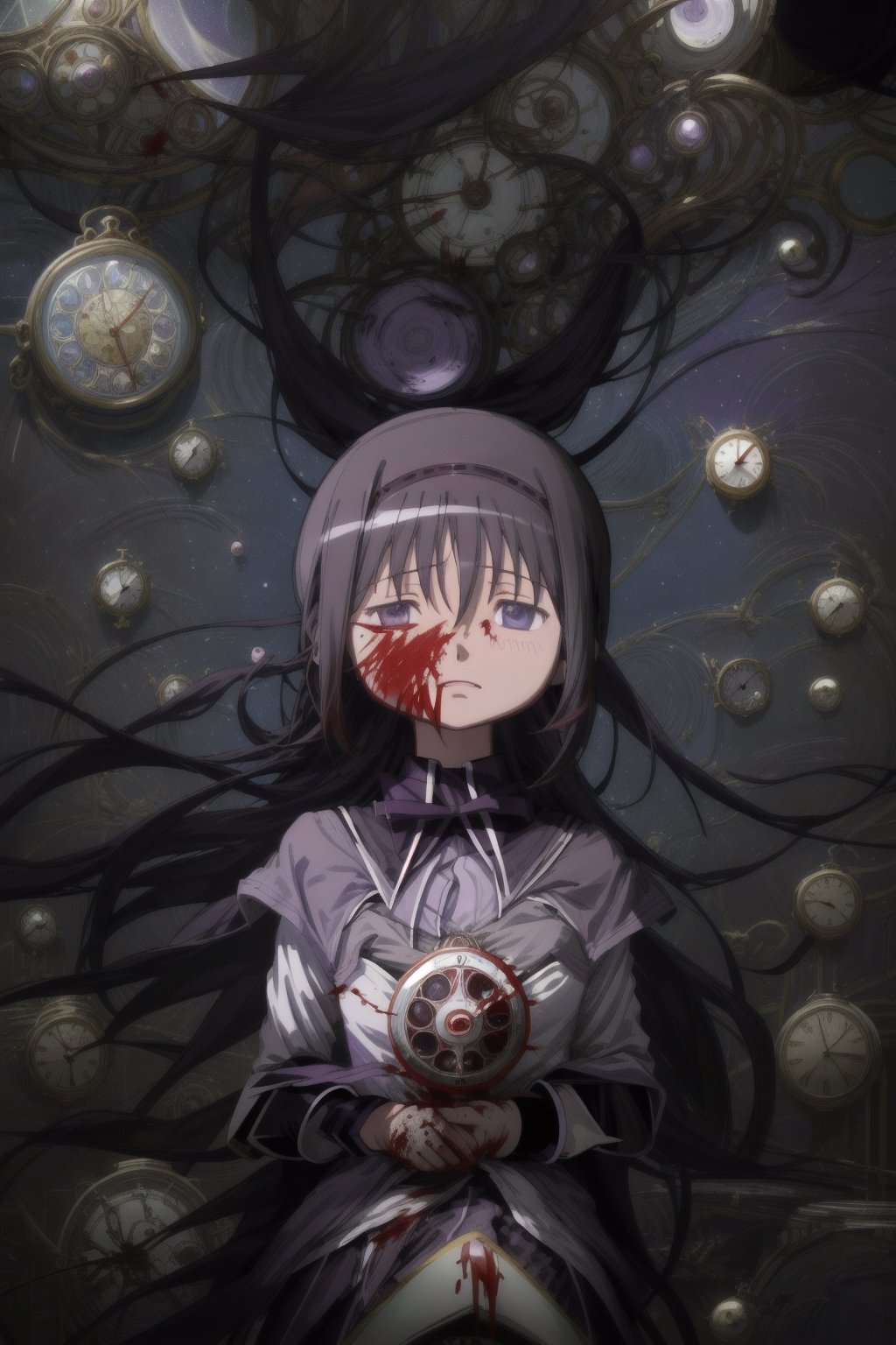 (((Homura Akemi from Puella Magi Madoka Magica), Clear eyes, Determined Eyes, blood stain on clothing, Victorian Elegance, Starry Night, Illustration, Surrealist Digital Art), Ruined City, (Blue and Purple), Awe Inspiring, (Translucence), Visceral Colors
BREAK
Astrology, symbolism, Stellar Formations, broken clocks, (blood leaking from clocks), Abstract Geometries, Macro Detail, Op Art, Awe Inspiring, 4k), masterpiece, Disney Pixar style, Homura Akemi, burnt corpses, masterpiece