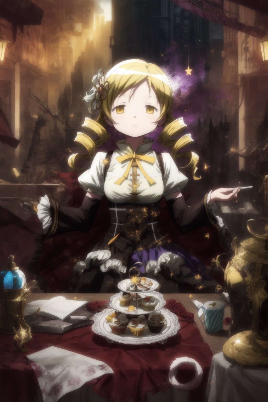 (((Mami Tomoe from Puella Magi Madoka Magica, holy aura, (surrounded by guns), weapons, Clear eyes, Victorian Elegance, Illustration, Neon Digital Art), Surrealist Digital Art, ruined city, (Gold and purple), Awe Inspiring, (Translucence), Visceral Colors
BREAK
Stellar Formations, tea and cupcakes, Abstract Geometries, Macro Detail, Op Art, Awe Inspiring, 4k), (Warmcore), masterpiece, Disney Pixar style, Mami Tomoe, Mami Tomoe,masterpiece