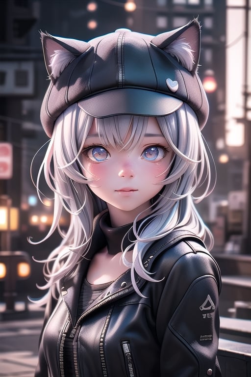 portrait of cute cat in the noir city, black cat hat with cat ears, detailed illustration portrait, incredible details, disney stylized cute, dark cyberpunk illustration, (Best Quality:1.2), (Ultra-detailed), (Photorealistic:1.37), (HDR), (Vivid colors), (portrait of a), (Soft diffuse lighting),niji style