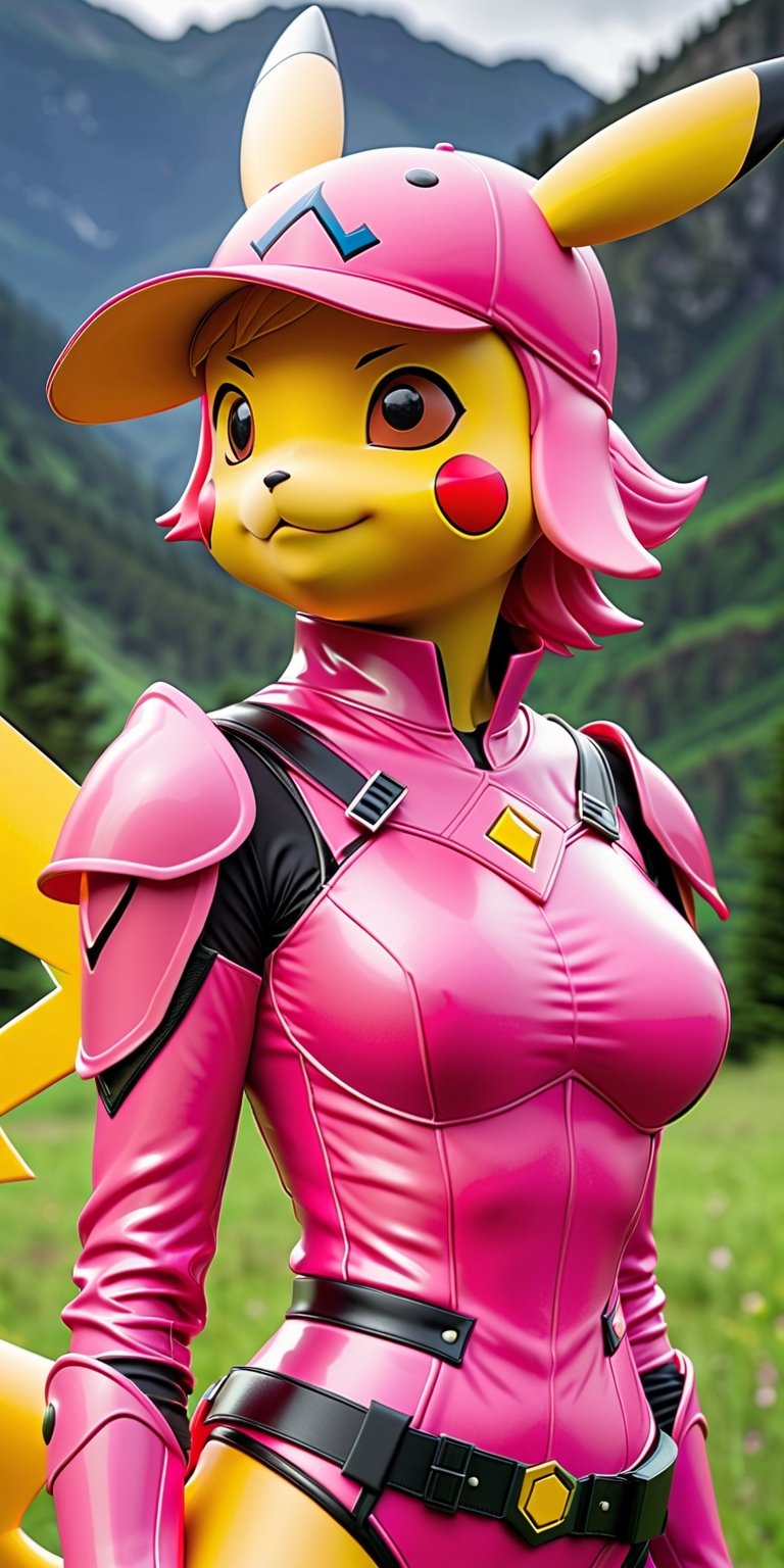 Pikachu, (((pink latex armor, hat))), all armors and clothes are pink latex, 