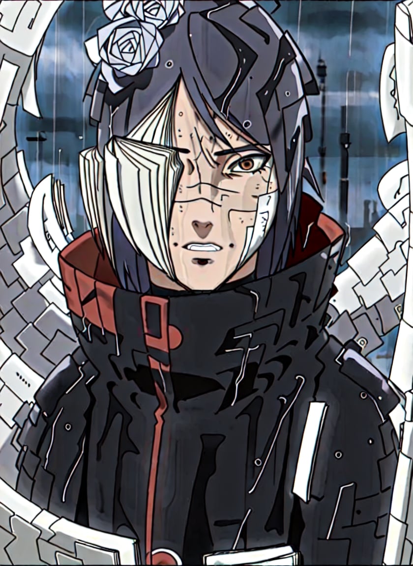 ((masterpiece)), ((best quality)),konan \(naruto\)1girl, labret piercing, paper, rain, solo,  (paper jutsu), paper, ((akatsuki outfit)), extremely detailed,intricate details,,dark sky, dark city,dynamic pose, close up,full body,paper wings,