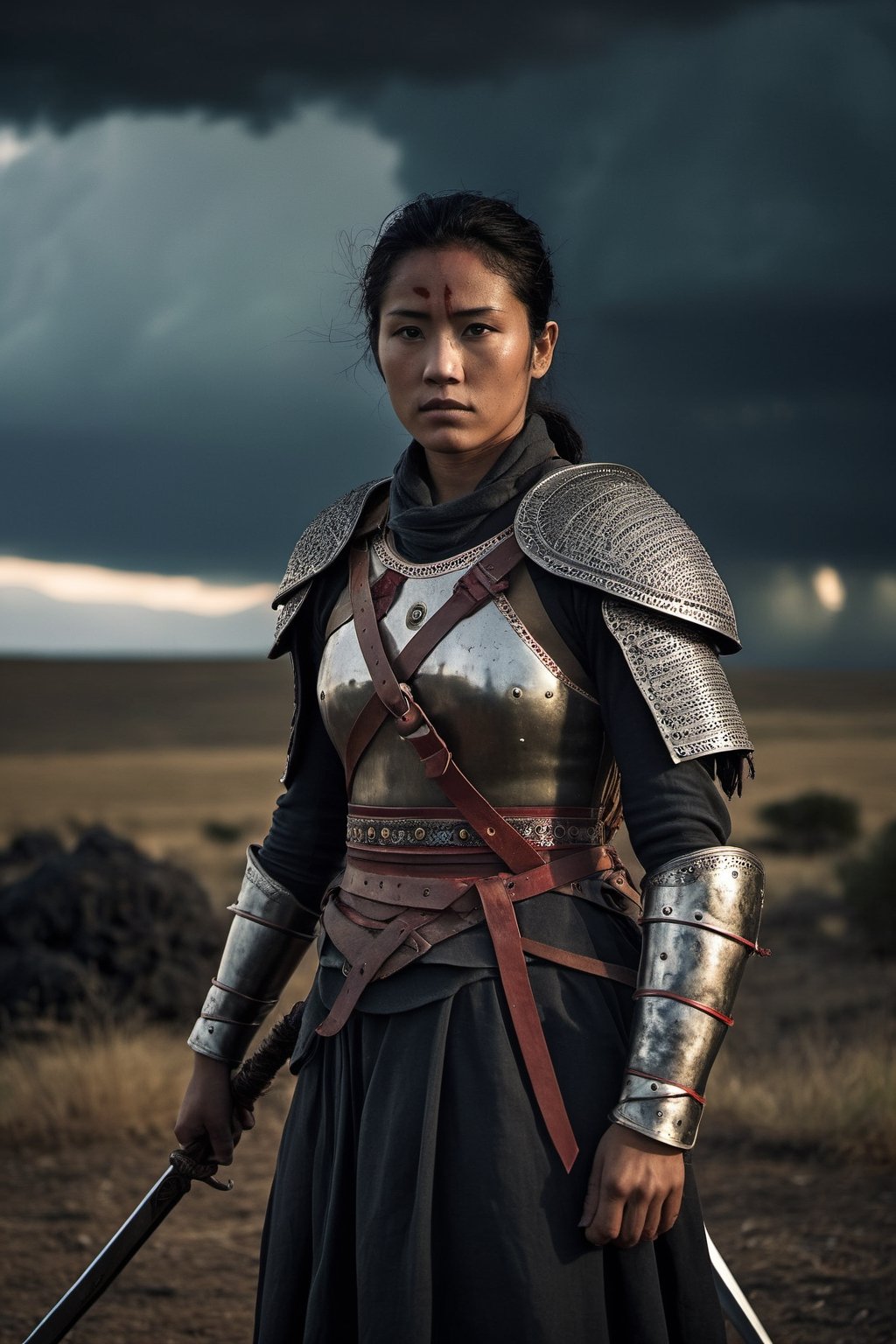 The photo captures a female warrior with her arm severed, blood flowing profusely. The scene is illuminated by a soft, ethereal light, highlighting the gruesome injury. The landscape around her is desolate, with dark storm clouds looming overhead, adding to the sense of tragedy and despair. The weather is cold and dreary, mirroring the grim reality of the warrior's situation. Despite the darkness, a sense of resilience and determination can be seen in her eyes, as she bravely faces the challenges ahead.