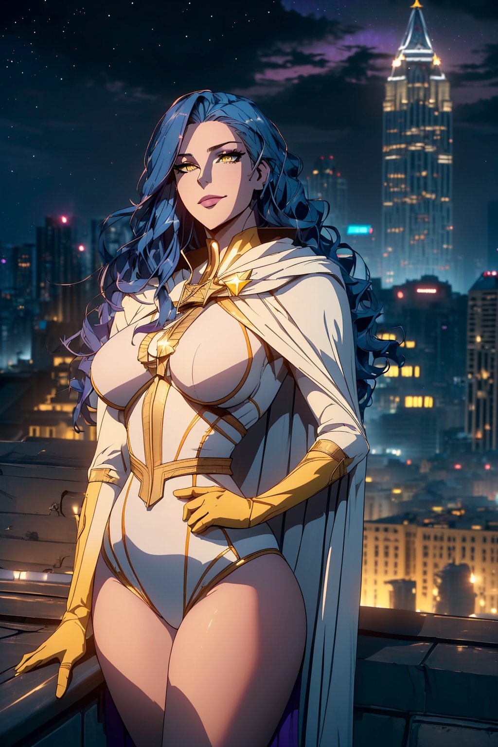 1girl, happy girl,close up, (American Female gorgeous:1.4), (dark blue Hair in long wavy:1.3), (pale white Skin:1.2), (yellow eyes:1.3), (small_breast:1.1),  (thick thighs:1.2), (wide hips:1.2), (tall:1.1), (long legs:1.2), ( starlight suit with cape:1.4), (smirk ), crossed arms,(seductive pose:1.3), (standing on rooftop:1.3), (one hand on hip:1.2), (city skyline background:1.4), (skyscrapers:1.2), (billboards:1.2), (bustling streets below:1.3), (sunset sky:1.3), (orange and purple hues:1.2), (dramatic clouds:1.3), night, golden hour, (heroic atmosphere:1.3), (wind blowing hair:1.2), Insane Details, Ultra Realistic, Dramatic Lighting, 8K resolution, photorealistic, Masterpiece