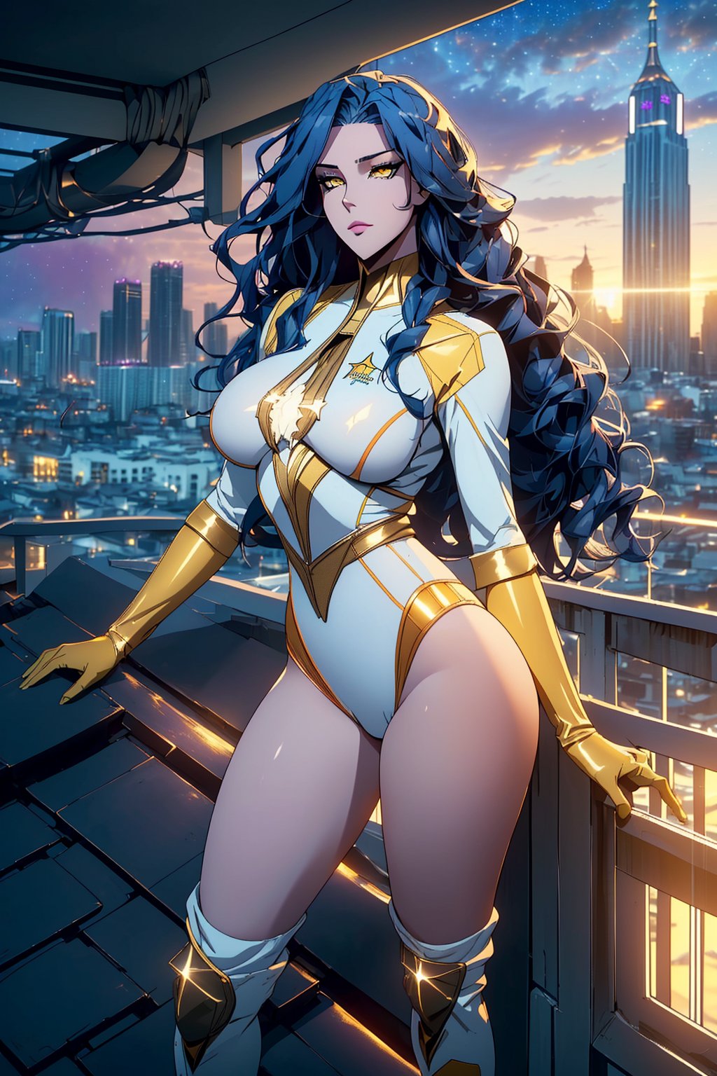 1girl, happy girl,close up, (American Female gorgeous:1.4), (dark blue Hair in long wavy:1.3), (pale white Skin:1.2), (yellow eyes:1.3), (small_breast:1.1),  (thick thighs:1.2), (wide hips:1.2), (tall:1.1), (long legs:1.2), ( starlight suit:1.4), (seductive pose:1.3), (standing on rooftop:1.3), (one hand on hip:1.2), (city skyline background:1.4), (skyscrapers:1.2), (billboards:1.2), (bustling streets below:1.3), (sunset sky:1.3), (orange and purple hues:1.2), (dramatic clouds:1.3), night, golden hour, (heroic atmosphere:1.3), (wind blowing hair:1.2), Insane Details, Ultra Realistic, Dramatic Lighting, 8K resolution, photorealistic, Masterpiece