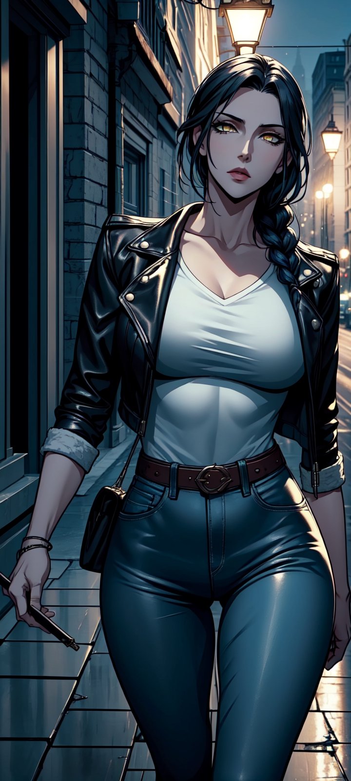  woman is very tall, dark blue hair,  messy wavy single braid, yellow eyes, and pale white skin. She is wearing a leather jacket, blue jeans, and has wide hips and gorgeous, thick thighs.
She is posing sexy.
The scene takes place in a Buenos Aires City  at night during winter. She is walking on the sidewalk, cars creating a serene atmosphere.
Insane Details, Intricate Face Detail, Intricate Hand Details, Cinematic Shot and Lighting, Realistic and Vibrant Colors, Masterpiece, Ultra Detailed, Taken with DSLR camera, Realistic Photography, Depth of Field, Incredibly Realistic Environment and Scene, Master Composition and Cinematography, castlevania style,castlevania style