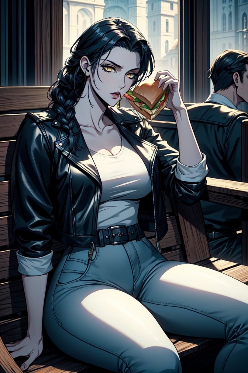  woman is very tall, dark blue hair,  messy wavy single braid, yellow eyes, and pale white skin. She is wearing a leather jacket, blue jeans, and has wide hips and gorgeous, thick thighs.
She is sit in a bench, She is eating a sandwich, her mounth is full of food. she si having a good time
The scene takes place in a Courthouse, crowded atmosphere.
Insane Details, Intricate Face Detail, Intricate Hand Details, Cinematic Shot and Lighting, Realistic and Vibrant Colors, Masterpiece, Ultra Detailed, Taken with DSLR camera, Realistic Photography, Depth of Field, Incredibly Realistic Environment and Scene, Master Composition and Cinematography, castlevania style,castlevania style