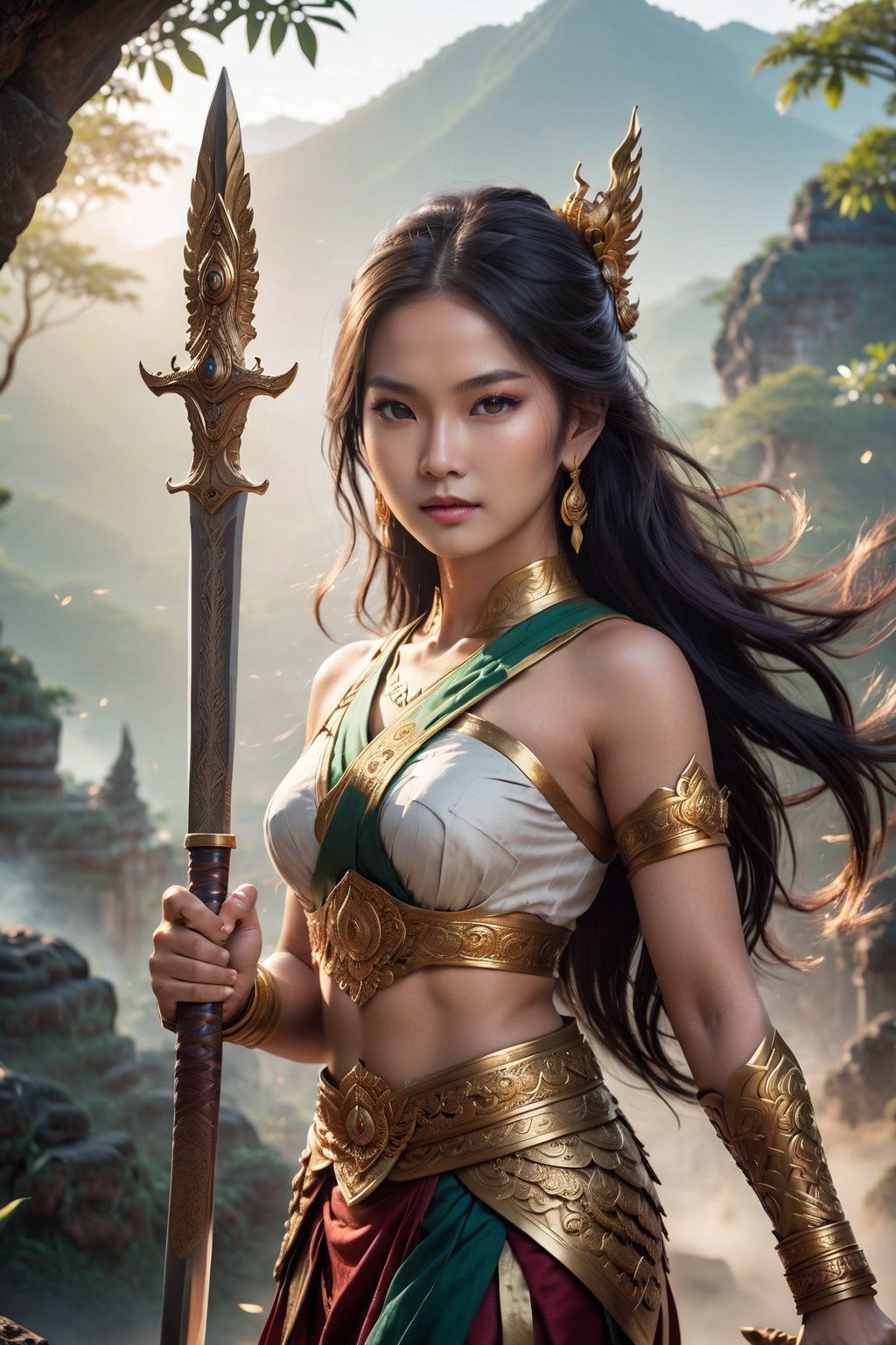 A Thai woman stands proudly, clad in traditional attire, holding an ancient sword aloft. Her stance exudes strength and determination, reflecting the valor of a bygone era. With a regal bearing, she carries the sword with reverence, honoring the legacy of her ancestors and the martial traditions of her people. In her eyes gleams the wisdom of generations past, as she embodies the spirit of courage and resilience that has endured through the ages. This image captures the timeless beauty and martial prowess of Thai women throughout history.
, (((helios 44-2 58mm f2))),nature background, sharp focus, diffused lighting