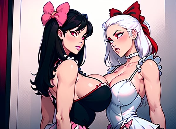 2girls_A_and_B, {A girl have (white hair) (blue eyes) (white pink frill dress) (white bow)}, {B girl have (black hair) (red eyes) (black frill dress) (black bow)},Milf