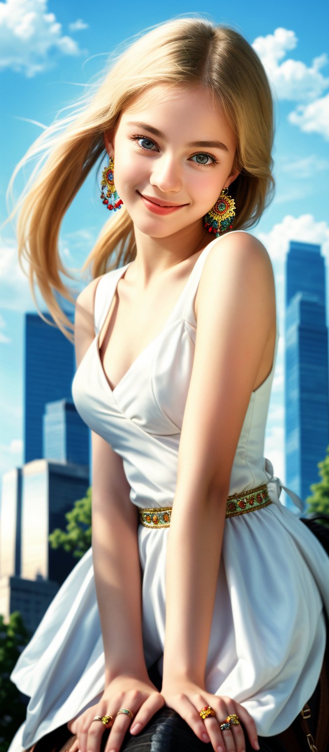 Generate hyper realistic image of a woman age 24, with long, light blonde short hair , hair tied up . She has a slim face . She is adorned with large, colorful  earrings and several rings on her fingers. Her expression is innocent, with wide eyes. Her gentle smile adds to her beauty. 
she is wearing white dress, riding on a horse on the roof of a tall building , 