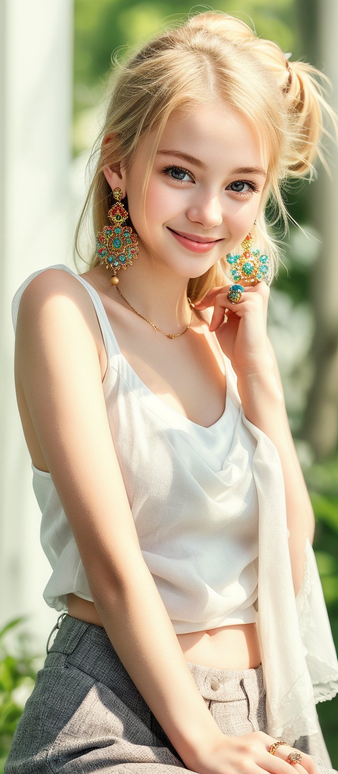 Generate hyper realistic image of a woman age 24, with long, light blonde short hair , hair tied up . She has a slim face . She is adorned with large, colorful  earrings and several rings on her fingers. Her expression is innocent, with wide eyes. Her gentle smile adds to her beauty. 
