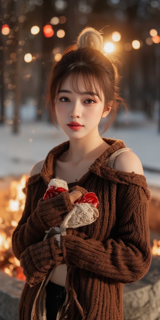 Best quality, high resolution, 16k, realistic, (photorealistic: 1.2), sharp focus on face, extreme quality, 1 japanese girl, age 18,  standing beside a camp fire , snowing heavily , sunset, wearing  off shoulder sweater,, (accurate anatomy),  detailed and perfect face, big and even eyes, brown eyes, round face, thin and juicy lips, (alluring: 1.3), (fusion of intelligence and alluring: 1.4), beautiful shining light brown pixie short hair,  gentle smile, bright colors,  chest wildly open, uneven skin, sweaty skin, shining skin, looking at the viewer, perfect proportions,
