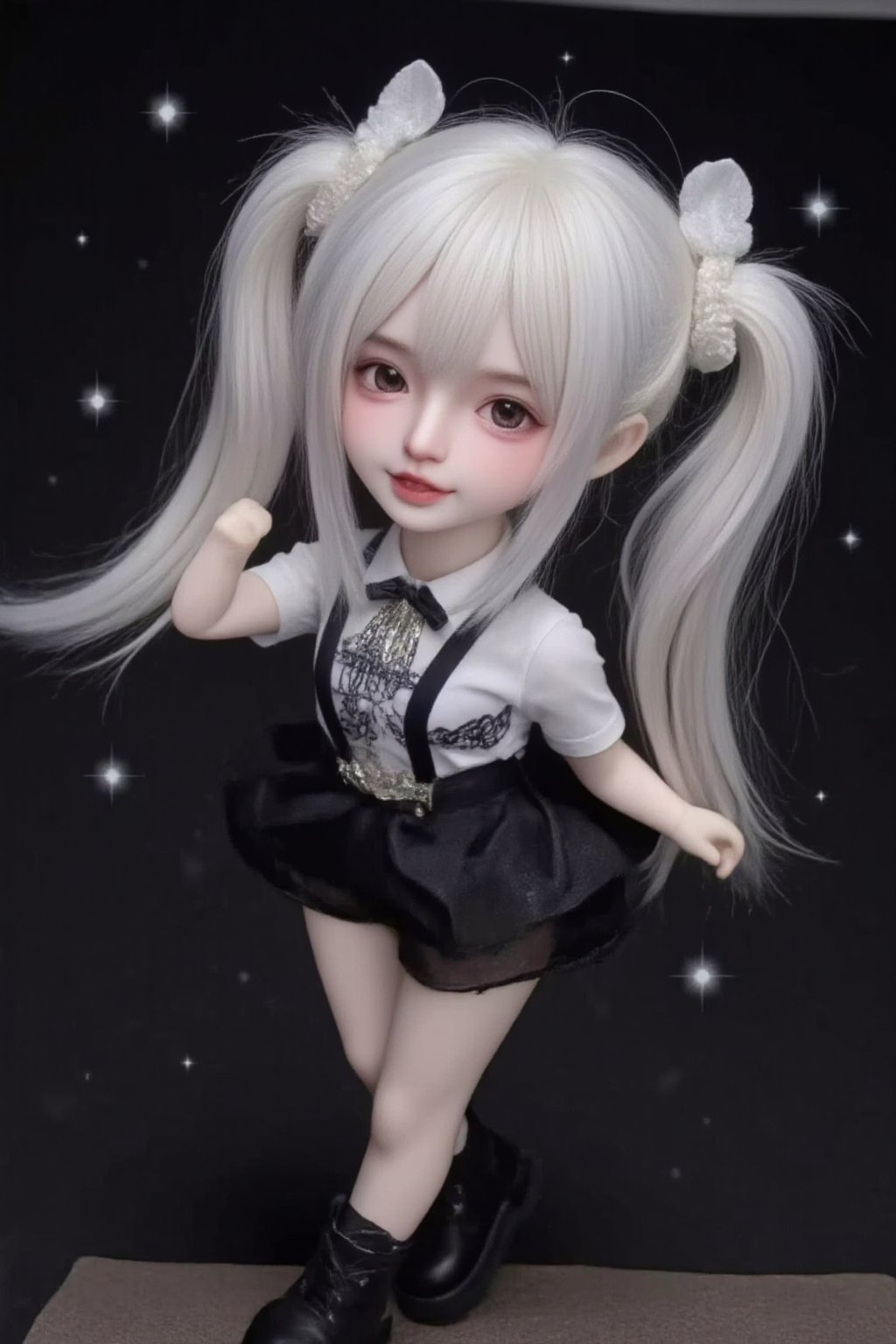 hd,8k,1girl, cute bjd girl, chibi character, chibi. cute background. dynamic pose (jumping), she wears a fancy sporting uniform (shirt, miniskirt, Cute leather shoes), open mouth, long  hair, ponytail hairstyle. little body, full body character. masterpiece. she is happy, cool,smiling. Himecut hairstyle, masterpiece, stars on the sides. loooking at viewer. Blush, tender smile.shiny pantyhose,dance,