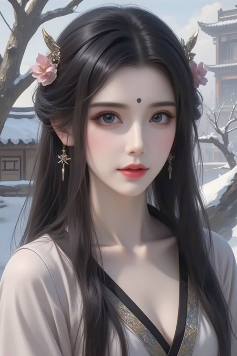 1girl, hair ornament, jewelry, black hair, solo, long hair, earrings, flower, looking at viewer, hair flower, upper body, bracelet, forehead mark, sash, facial mark, chinese clothes, parted lips, outdoors, snow, long sleeves, tree, architecture