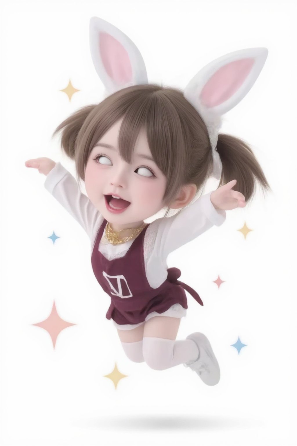 hd,8k,1girl, cute bjd girl, chibi character, chibi. White background. dynamic pose (jumping), she wears a fancy sporting uniform (shirt, shorts, sneakers), open mouth, long brown hair, ponytail hairstyle. little body, full body character. masterpiece. she is happy, smiling. Himecut hairstyle, masterpiece, stars on the sides. loooking at viewer. Blush, tender smile.shiny pantyhose,dance,